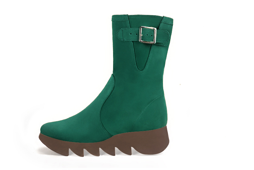 Emerald green women's ankle boots with a zip on the inside. Round toe. Low rubber soles. Profile view - Florence KOOIJMAN